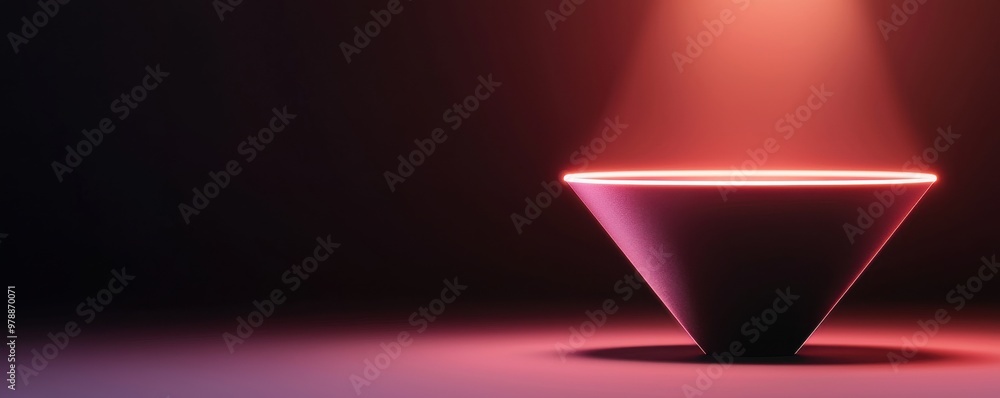 Poster stylish cone-shaped display emitting vibrant light, creating a dramatic atmosphere and showcasing mo