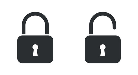 Lock and unlock icons: black, white, simple. Set of close and open locks