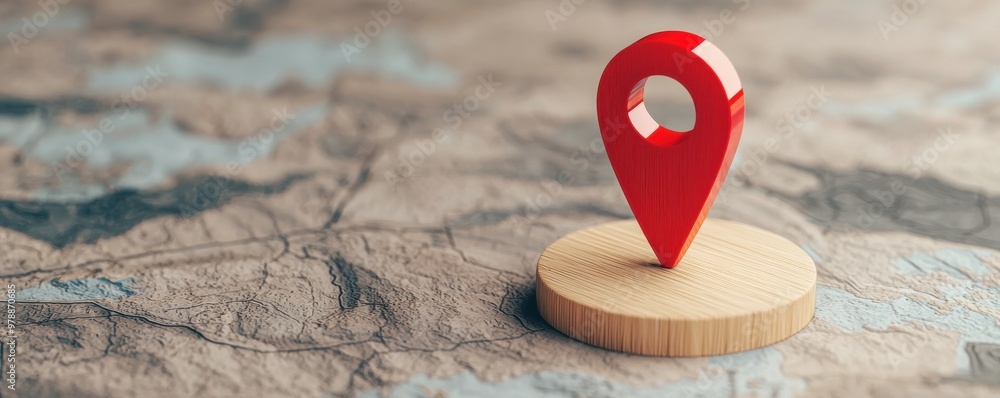 Poster a red location pin stands on a wooden base, highlighting a specific area on a detailed map, symboliz