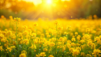 Obraz premium Beautiful yellow flowers field with sunshine bokeh background, yellow, flowers, field, sunshine, bokeh, background, nature