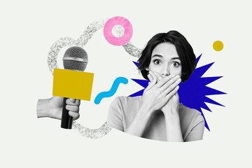 Composite photo collage of astonished girl shut mouth scared interview mic speaker podcast...