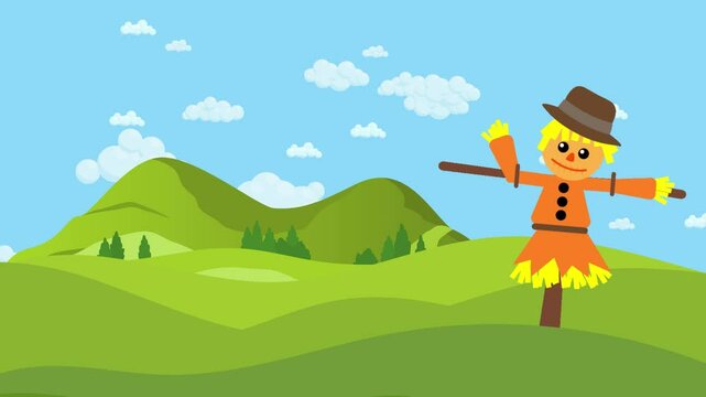 animated scarecrow with summer blue sky and green landscape. illustration background