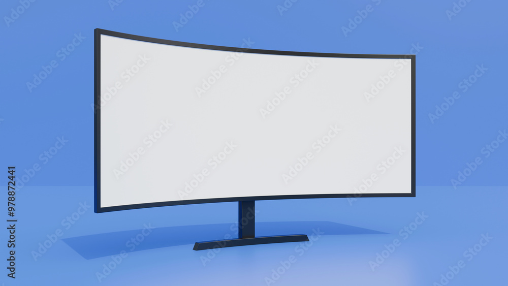 Poster ultra widescreen computer monitor mock up on blue background. blank screen monitor mock up. televisi