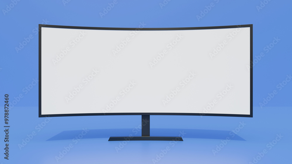 Poster ultra widescreen computer monitor mock up on blue background. blank screen monitor mock up. televisi