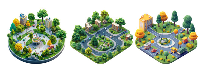 Miniature park models: urban green spaces with autumn colors and clear sky