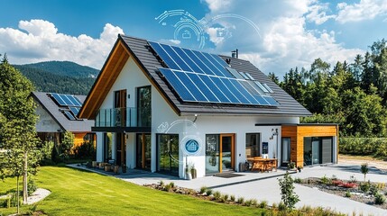 Obraz premium A modern home equipped with renewable energy technology, including solar panels and a smart energy system