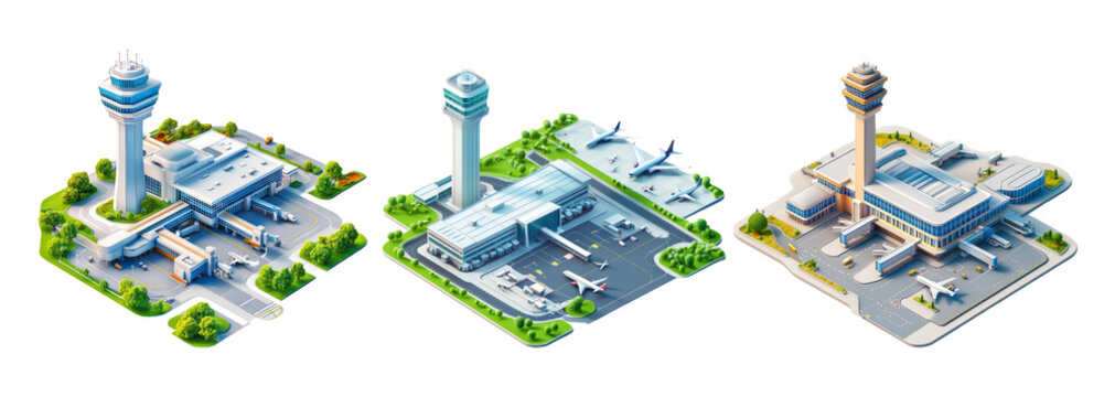 Modern airport terminal and control tower set in isometric style
