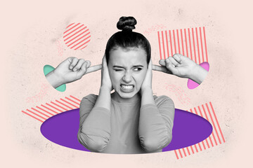 Creative poster banner collage of girl feel irritation loud noise cover ears over pastel background
