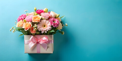 Fototapeta premium Mothers Day bouquet of flowers in gift box on blue background, copy space, Mothers Day, bouquet, flowers