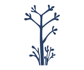 A simple dark-blue silhouette of an abstract tree with minimal branches set against a white background. Ideal for nature, minimalism, modern art, environmental themes, and graphic design. Clean lines