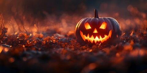 Fototapeta premium A detailed close-up shot of a Jack-o'-lantern's glowing teeth, illuminated by warm candlelight, set against a blurred cemetery background, capturing the spooky yet festive essence of Halloween night. 