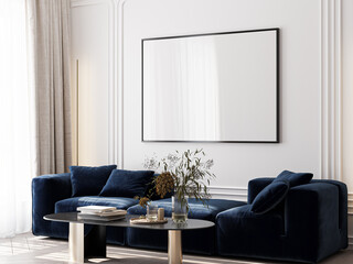 Frame mockup, ISO A paper size. Living room wall poster mockup. Interior mockup with house background. Modern interior design. 3D render
