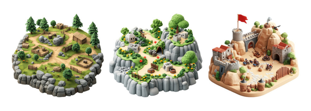 Three isometric game worlds: forest, village, and castle adventures