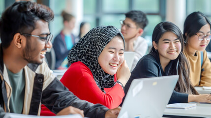Diverse group of students collaborating in classroom, engaged in discussion and sharing ideas while working on laptops. Concept of inclusive education, teamwork and multicultural learning environments
