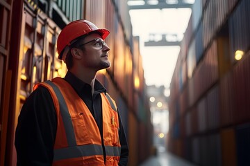 A procurement officer overseeing the unloading of cargo from a container ship at a busy shipping port, ensuring proper logistics and shipment handling.
