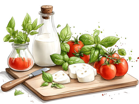 watercolor tomatoes, basil, mozzarella on wooden board clip art preview