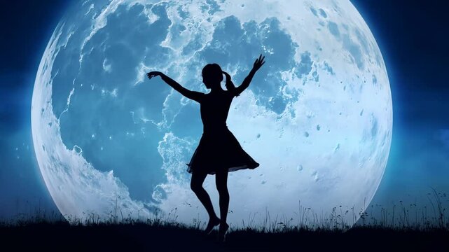 Silhouette of a woman dancing in front of a large moon in a blue and purple night sky