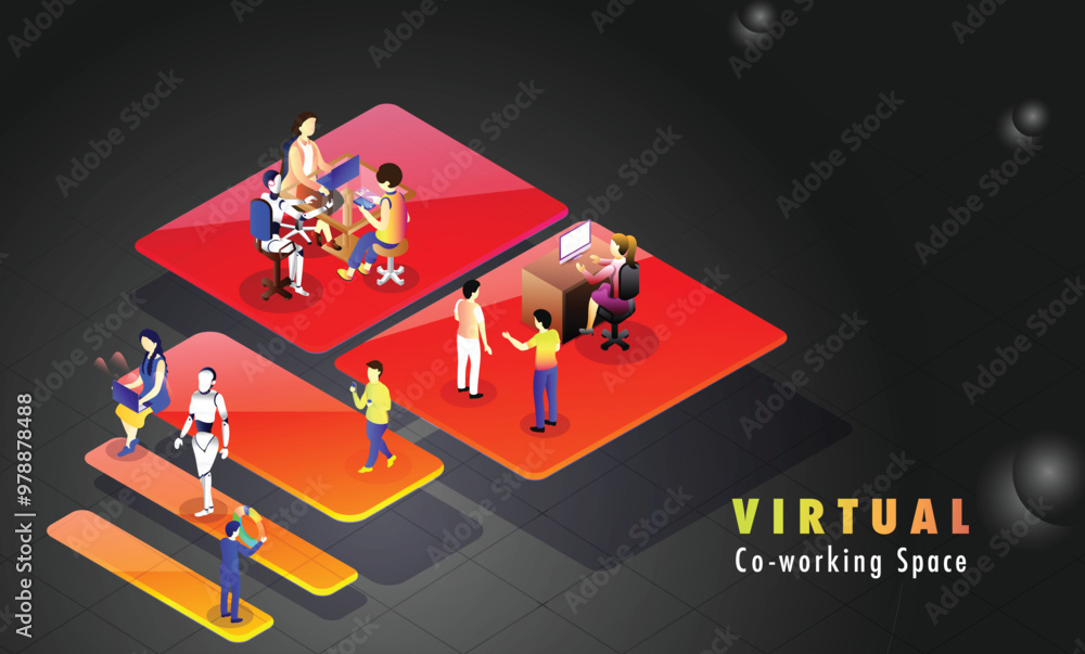 Poster miniature business people performing same task at different workplace on abstract background, isomet