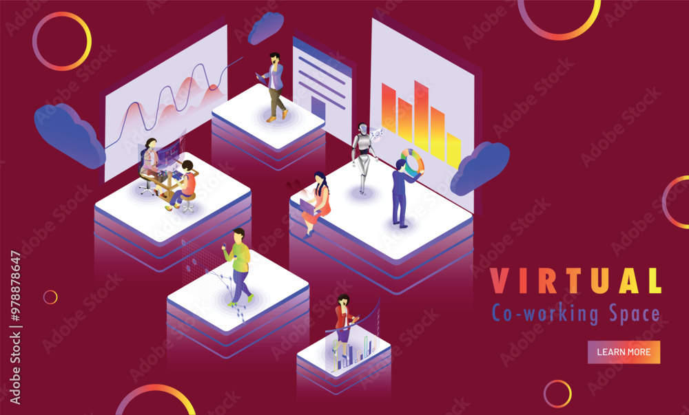 Poster isometric design for virtual co-working space web template design, remote coworking platform with mi
