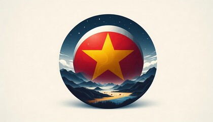 A red and yellow star is on a white background. The star is surrounded by mountains and a river