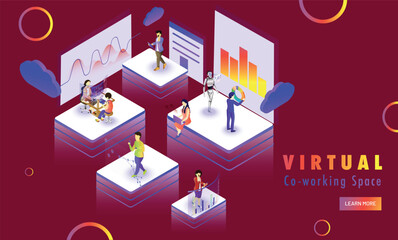 Isometric design for Virtual Co-Working Space web template design, remote coworking platform with miniature people analysis stats at distant places.