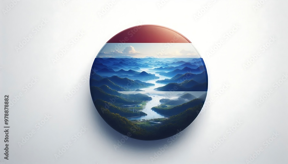 Poster a round button with a blue, red and white background. the background is a mountain range with a rive