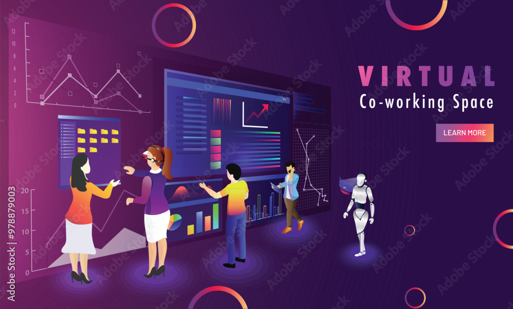 Poster business people analysis or performing same task at distant place, virtual co-working space concept 