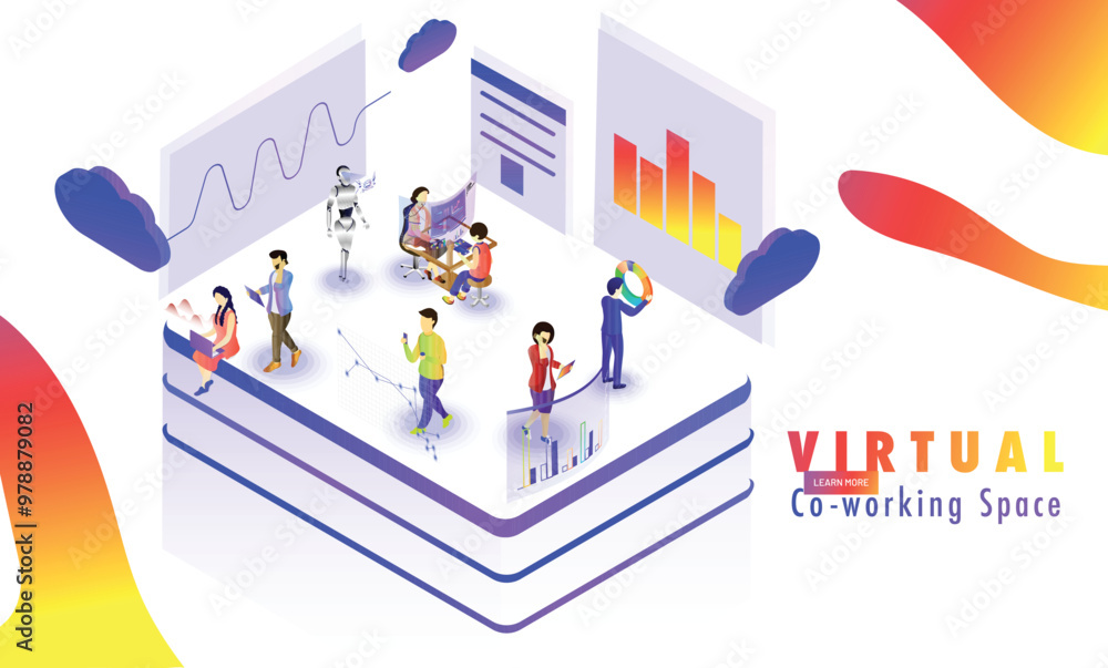 Poster virtual co-working platform, miniature people analysis data or stats on abstract background. respons