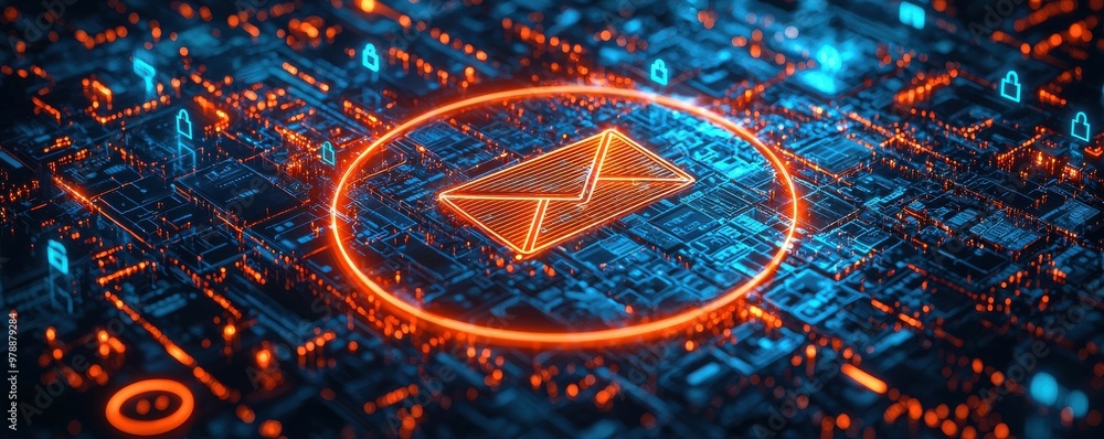 Poster futuristic digital background featuring an illuminated envelope icon, symbolizing email communicatio