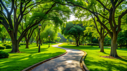 A serene park with lush green trees and a winding pathway , nature, outdoors, leisure, relaxation, walking, tranquility