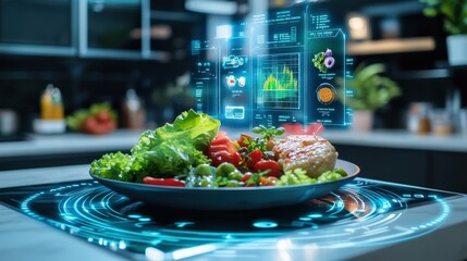 A plate of food with a digital screen showing the nutritional information