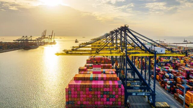 Time lapse of Container ship loading and unloading in port.