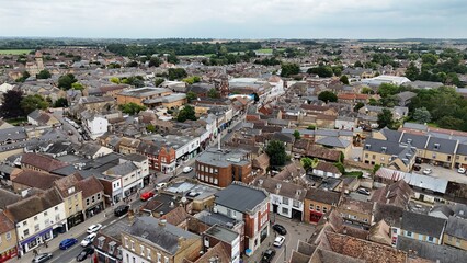 Town centre St Neots, Uk, Cambridgeshire drone aerial view