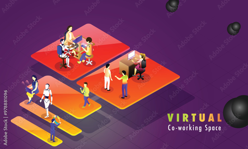 Aufkleber miniature business people performing same task at different workplace on abstract background, isomet