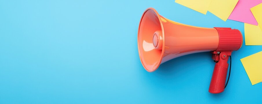 A vibrant orange megaphone against a bright blue background, perfect for announcements or promotions. Ideal for marketing visuals.
