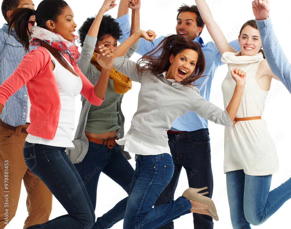 Sticker Happy, jump and people with celebration in studio for team building, collaboration or career success. Employees, diversity and excited for creative partnership, achievement or win on white background