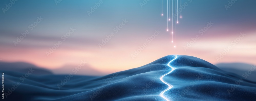 Poster a serene landscape with glowing waves and ethereal lights, creating a mystical and calming atmospher