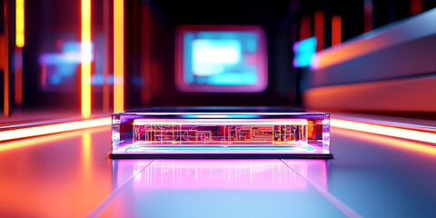 Crystal innovation award with embedded light-up circuits, resting on a sleek metallic base, with holographic floating screens in the background