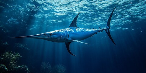 Obraz premium Graceful Swordfish Gliding Through Deep Blue Ocean Waters with Sunlight Beams