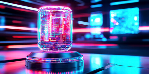 Crystal innovation award with embedded light-up circuits, resting on a sleek metallic base, with holographic floating screens in the background