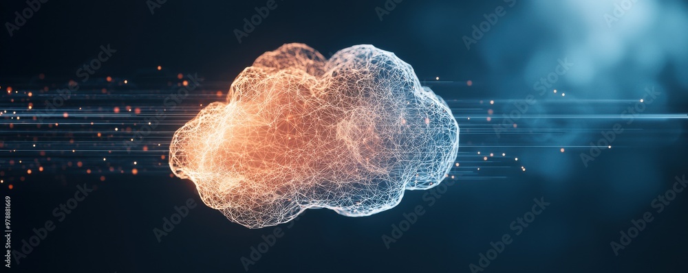 Poster dynamic representation of a cloud with glowing edges, blending technology and nature in a futuristic