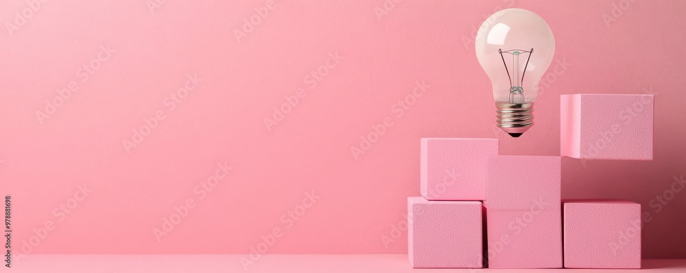 Poster a minimalist composition featuring a light bulb hovering above pink blocks against a soft pink backg