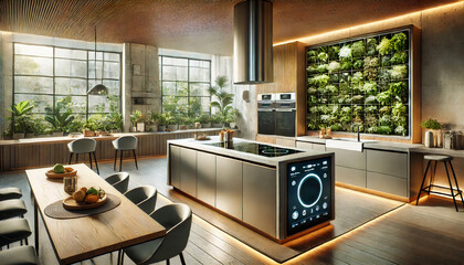 A modern, spacious kitchen filled with natural light, featuring sleek design elements, a smart kitchen island with digital controls, and vertical herb gardens for a touch of greenery
