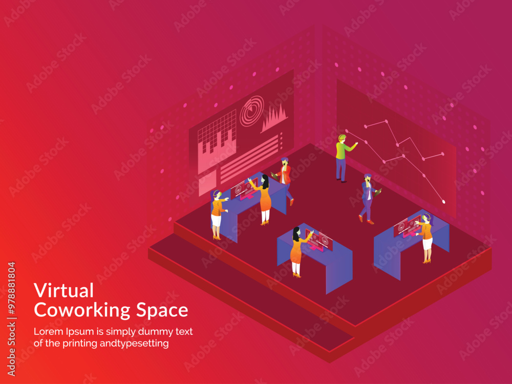 Poster responsive web template design, miniature business people analysis data or performing task together 
