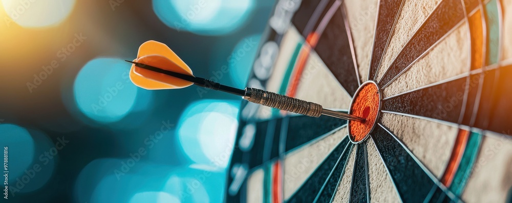 Poster dart hitting the bullseye of a dartboard, representing precision and focus in competitive play.