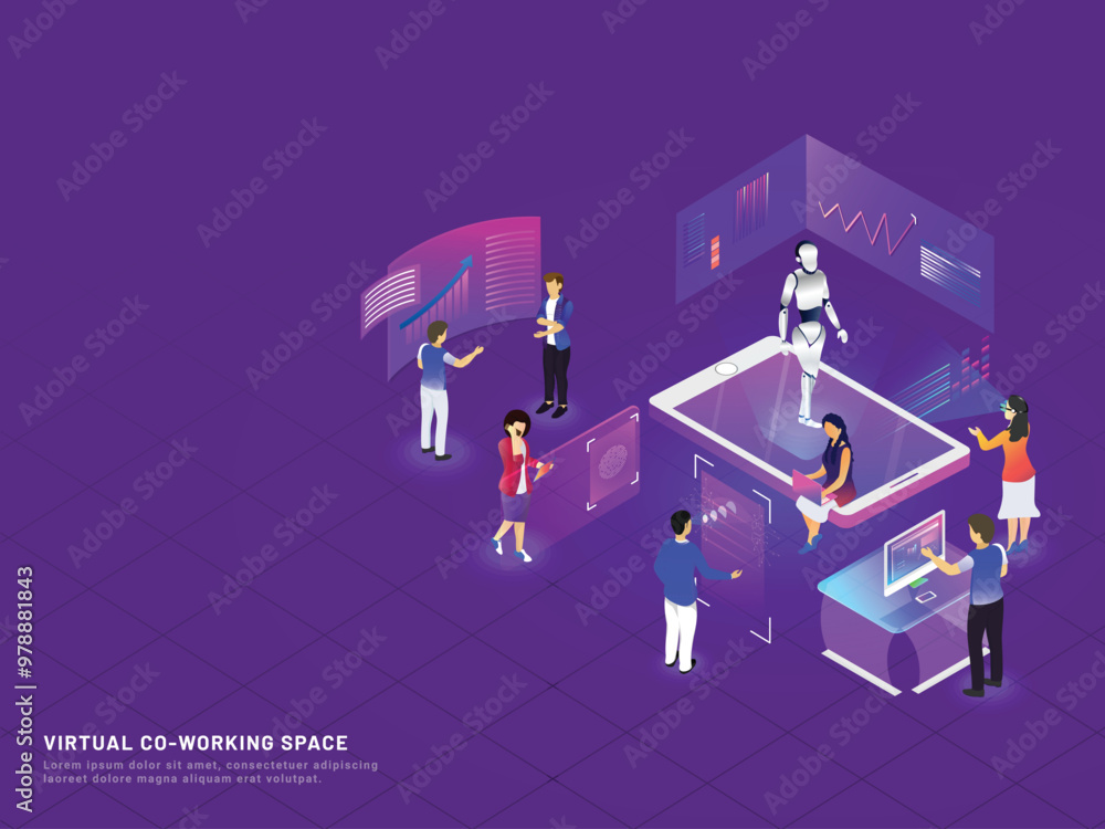 Poster responsive web template design with isometric illustration of business people analysis data through 
