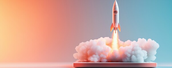 A modern rocket launching with clouds of smoke, symbolizing innovation, technology, and the future of space exploration.