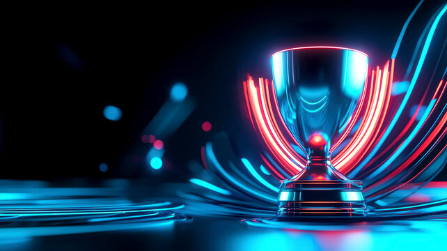 Minimalist award trophy with sleek metallic finish, illuminated by soft blue lighting, surrounded by abstract tech elements floating in the background
