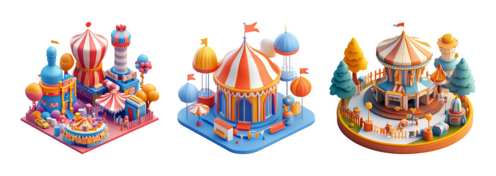 Colorful 3d isometric circus scene featuring carousel, tent, and amusement park elements