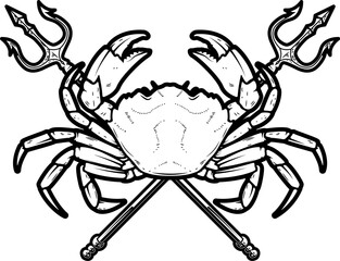 Crab and two crossed tridents. Design element for emblem, sign, badge, poster. Vector illustration